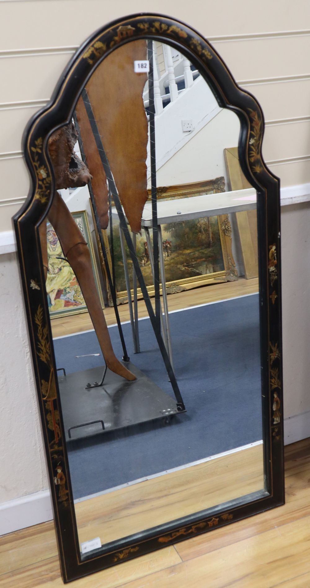 A chinoiserie lacquer wall mirror, width 66cm height 132cm